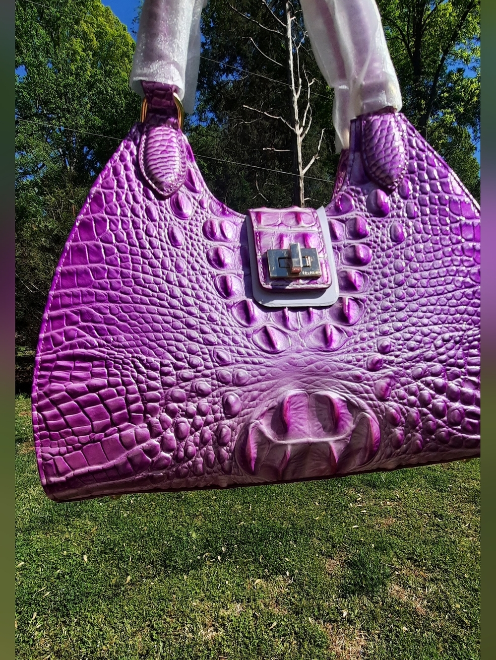 Brand New Lilac Essence Adrian Croc-Embossed Leather Shoulder Bag
